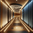 Hyperrealistic futuristic sensory corridor with curving design, shifting light gradients, tactile walls, acoustic panels, and biophilic details.