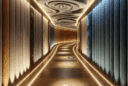 Hyperrealistic futuristic sensory corridor with curving design, shifting light gradients, tactile walls, acoustic panels, and biophilic details.