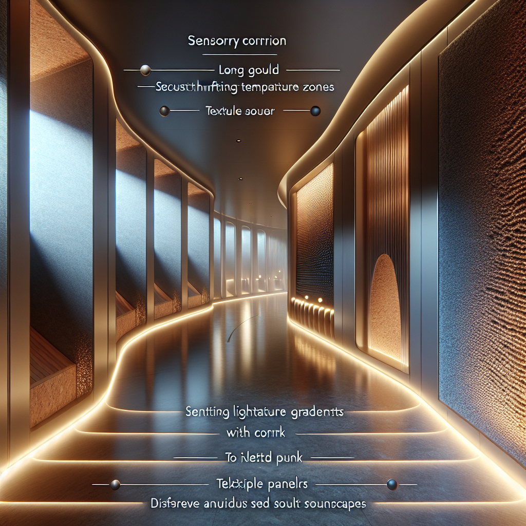 Hyperrealistic futuristic sensory corridor with curving design, shifting light gradients, tactile walls, acoustic panels, and biophilic details.