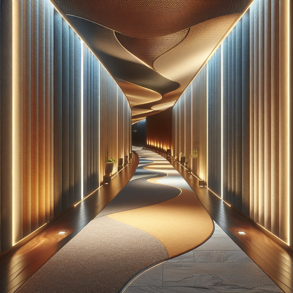 Hyperrealistic futuristic sensory corridor with curving design, shifting light gradients, tactile walls, acoustic panels, and biophilic details.
