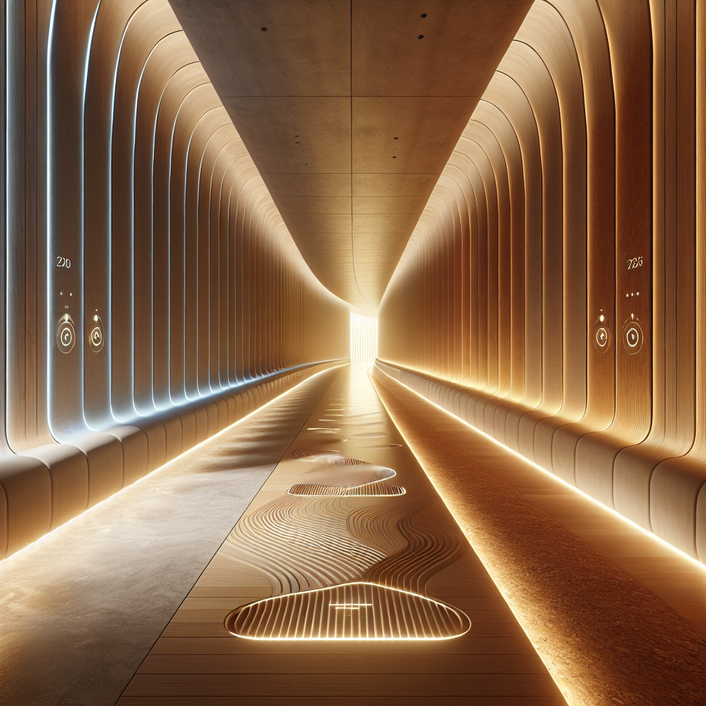 Hyperrealistic futuristic sensory corridor with curving design, shifting light gradients, tactile walls, acoustic panels, and biophilic details.