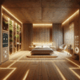 Futuristic sleep-optimized bedroom with smart bed, tunable LED lighting, natural wood, clay walls, moss wall, and biophilic design.