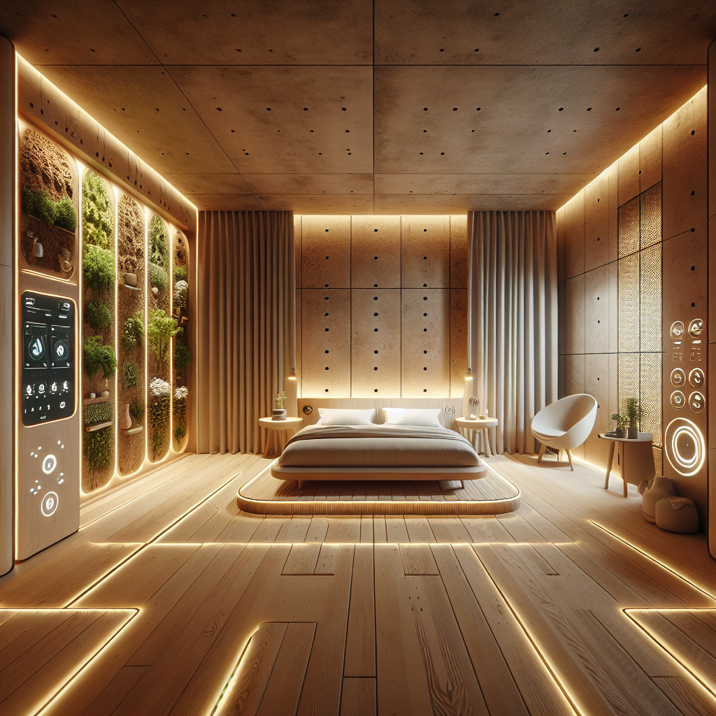 Futuristic sleep-optimized bedroom with smart bed, tunable LED lighting, natural wood, clay walls, moss wall, and biophilic design.