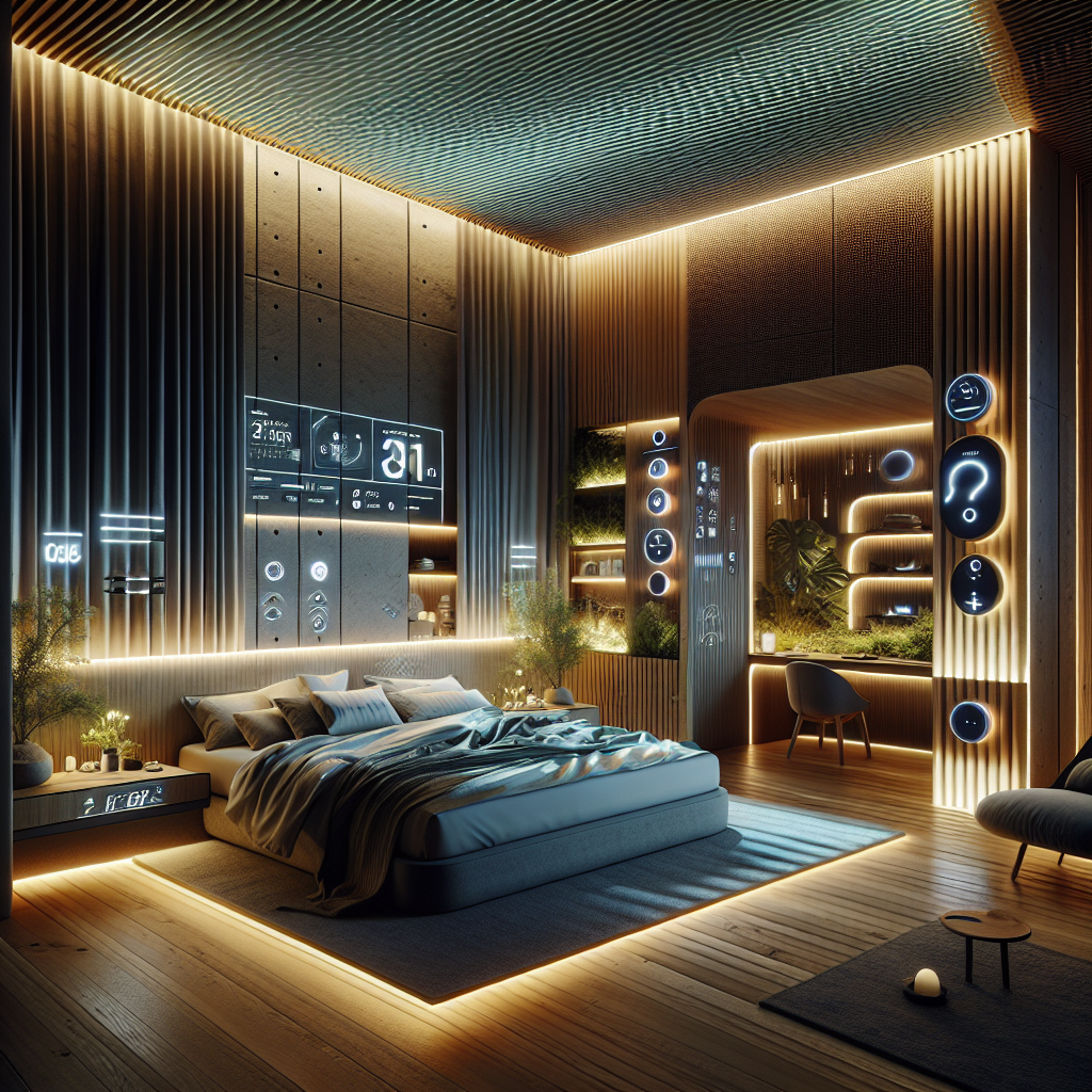 Futuristic sleep-optimized bedroom with smart bed, tunable LED lighting, natural wood, clay walls, moss wall, and biophilic design.