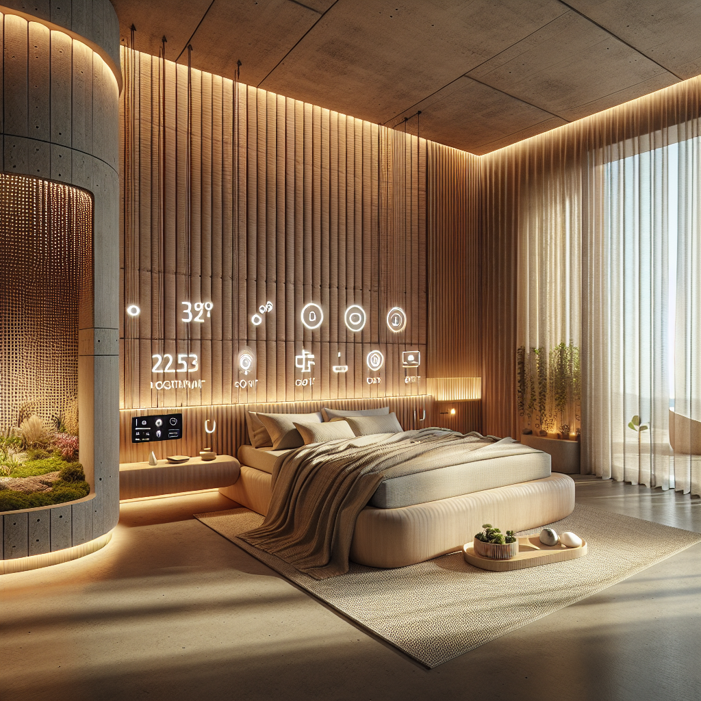 Futuristic sleep-optimized bedroom with smart bed, tunable LED lighting, natural wood, clay walls, moss wall, and biophilic design.