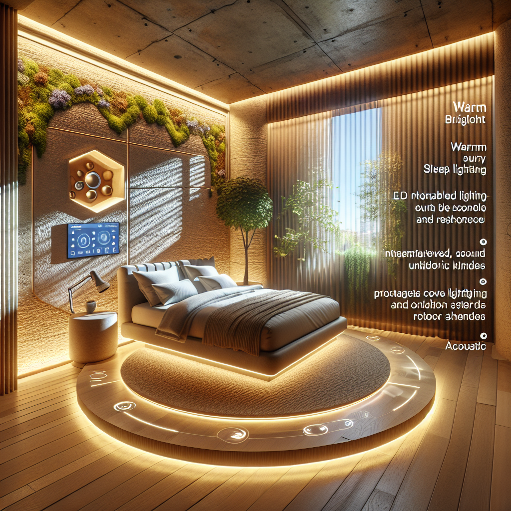 Futuristic sleep-optimized bedroom with smart bed, tunable LED lighting, natural wood, clay walls, moss wall, and biophilic design.