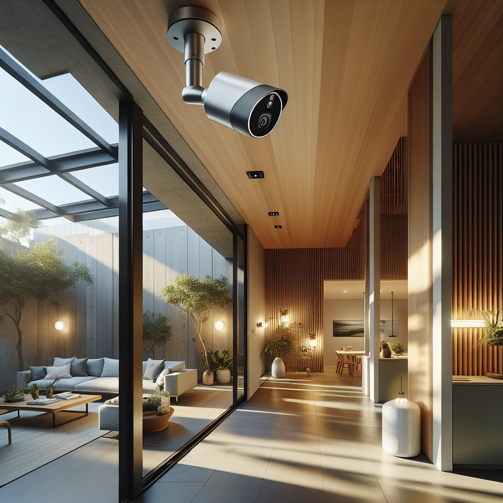 Hyperrealistic sustainable home interior with smart security cameras, solar panels, minimalist design, and biophilic eco-friendly décor.