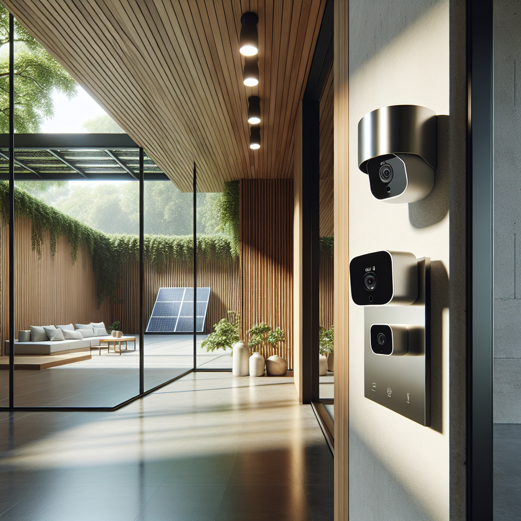 Hyperrealistic sustainable home interior with smart security cameras, solar panels, minimalist design, and biophilic eco-friendly décor.
