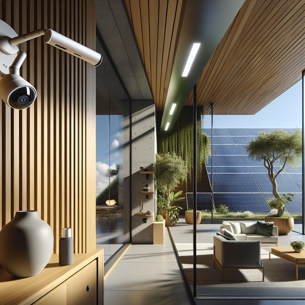 Hyperrealistic sustainable home interior with smart security cameras, solar panels, minimalist design, and biophilic eco-friendly décor.