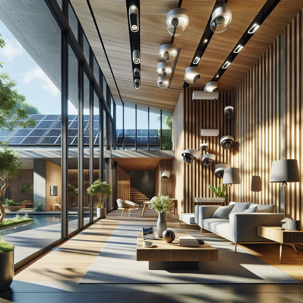 Hyperrealistic sustainable home interior with smart security cameras, solar panels, minimalist design, and biophilic eco-friendly décor.