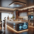 Futuristic AI-powered family kitchen with smart appliances, interactive glass island, biophilic design, and parents cooking with kids.