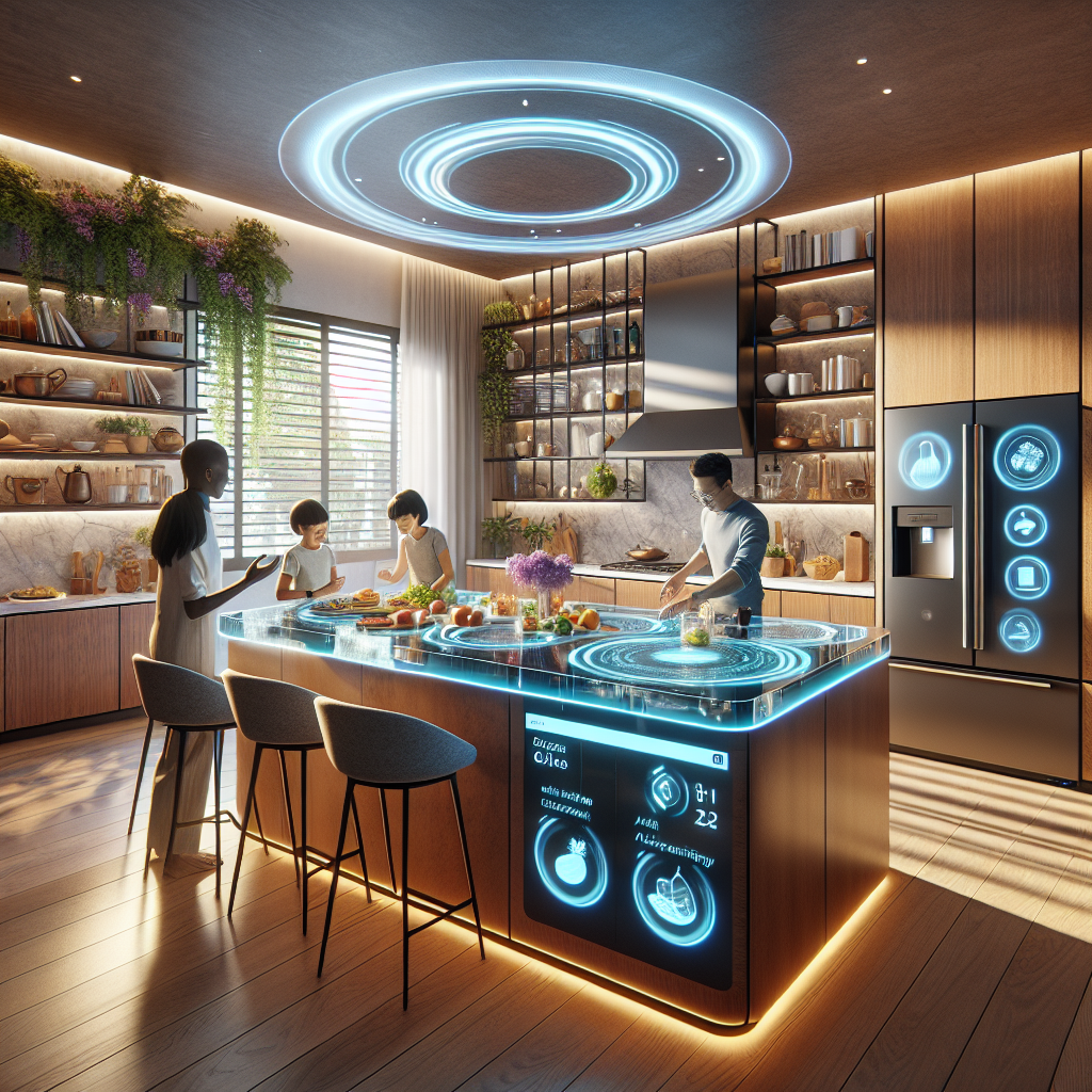 Futuristic AI-powered family kitchen with smart appliances, interactive glass island, biophilic design, and parents cooking with kids.