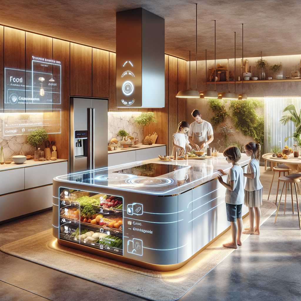 Futuristic AI-powered family kitchen with smart appliances, interactive glass island, biophilic design, and parents cooking with kids.