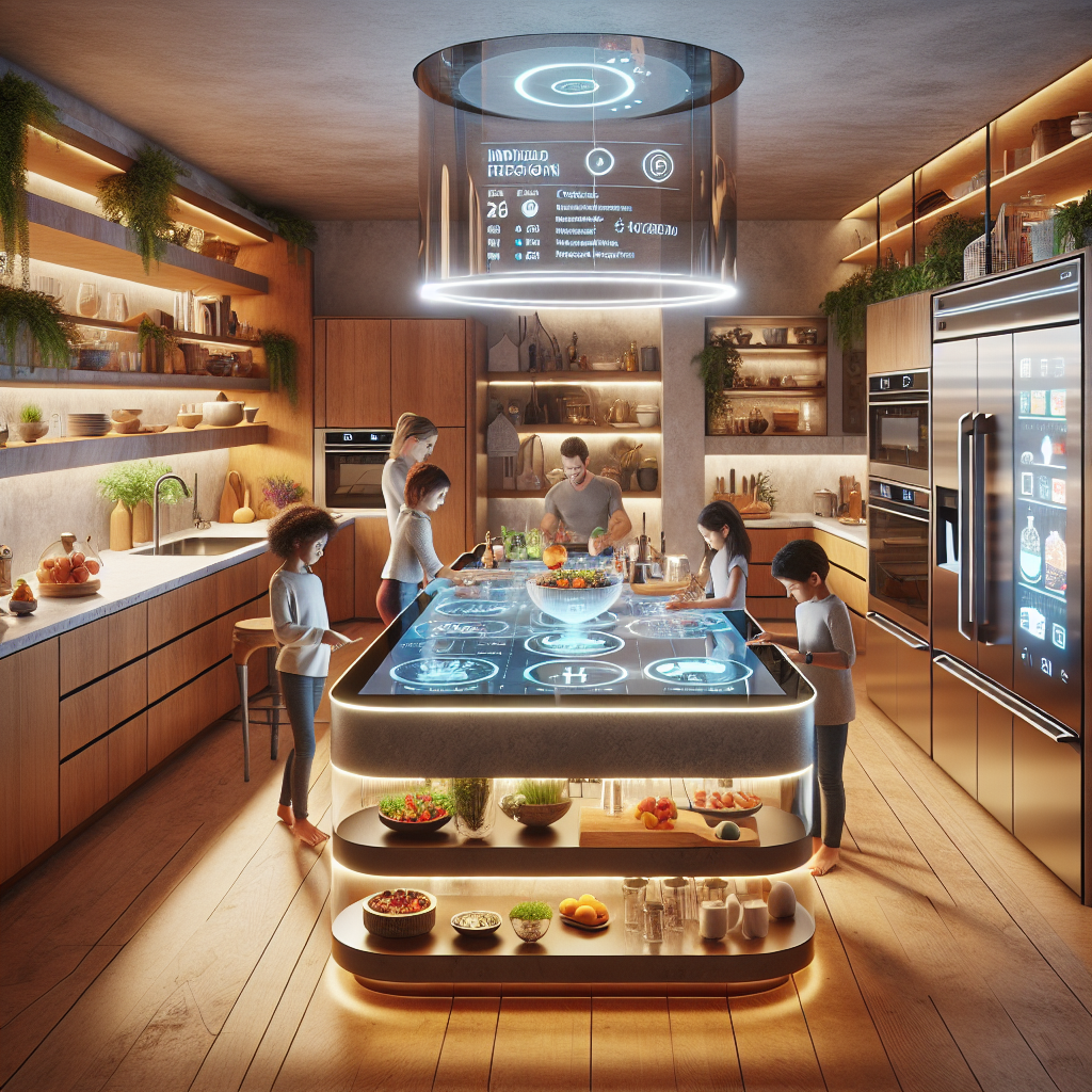 Futuristic AI-powered family kitchen with smart appliances, interactive glass island, biophilic design, and parents cooking with kids.