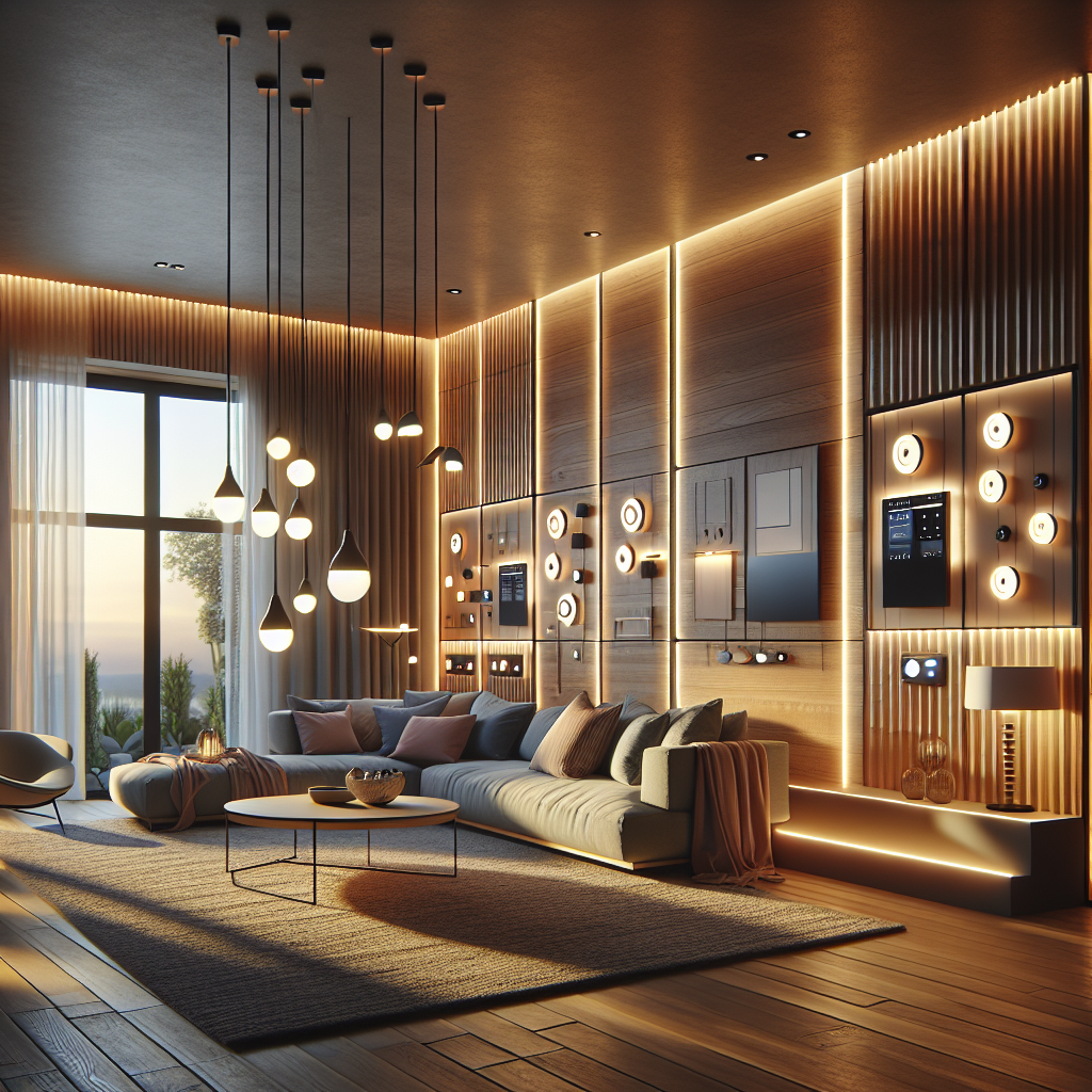 Hyperrealistic modern living room with smart adaptive lighting, warm LEDs, pendant lamps, sconces, floor lamps, and natural daylight blend.