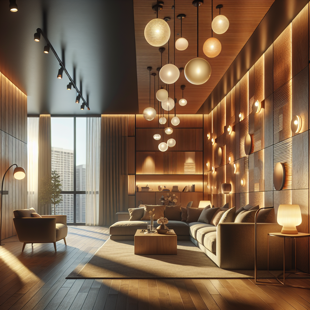 Hyperrealistic modern living room with smart adaptive lighting, warm LEDs, pendant lamps, sconces, floor lamps, and natural daylight blend.
