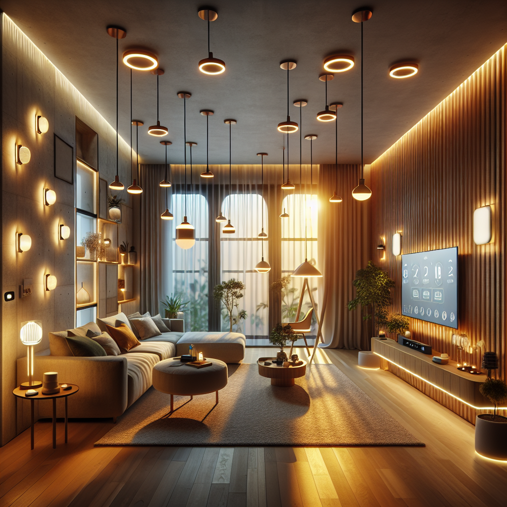 Hyperrealistic modern living room with smart adaptive lighting, warm LEDs, pendant lamps, sconces, floor lamps, and natural daylight blend.