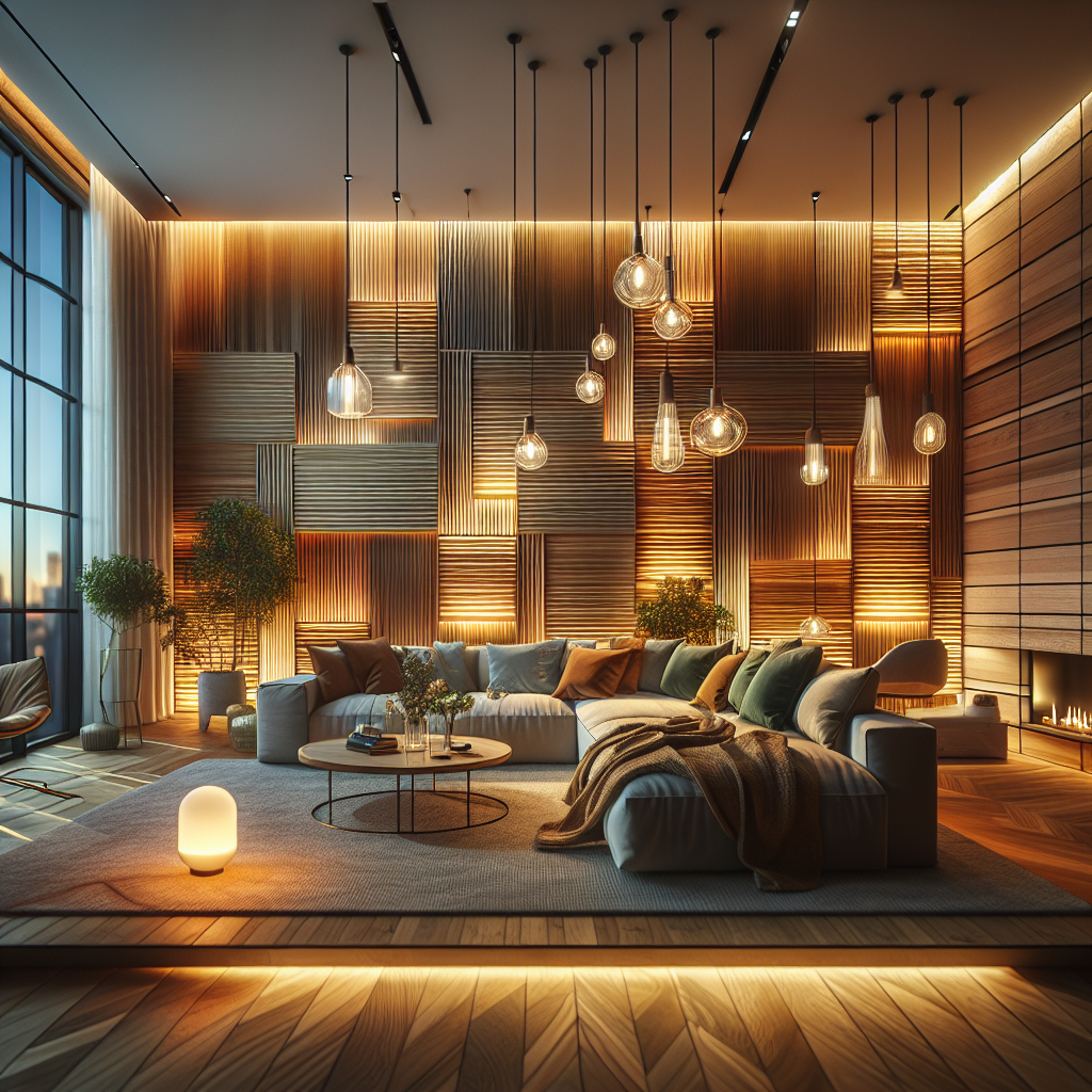 Hyperrealistic modern living room with smart adaptive lighting, warm LEDs, pendant lamps, sconces, floor lamps, and natural daylight blend.