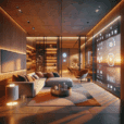 Futuristic cozy living room with AI technology, smart glass panels, adaptive lighting, modular sofa, and holographic interface design.