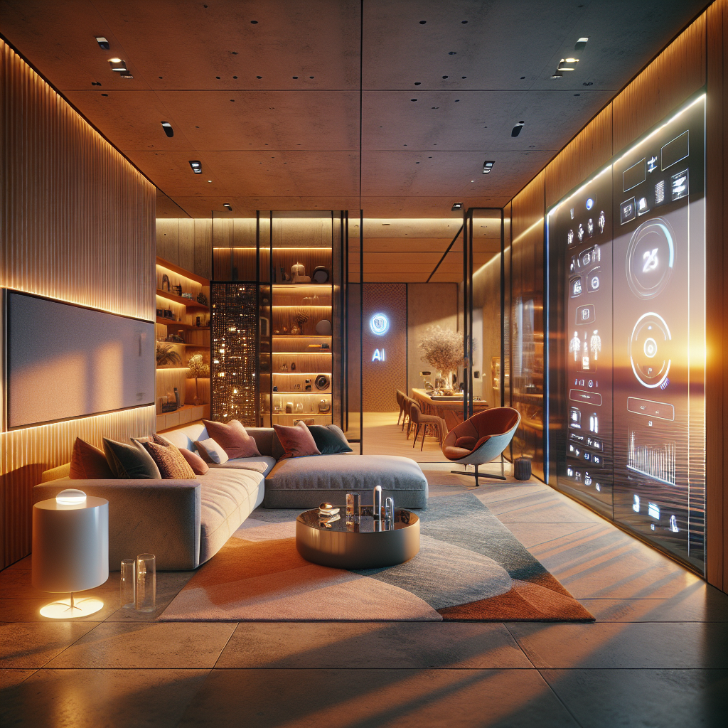 Futuristic cozy living room with AI technology, smart glass panels, adaptive lighting, modular sofa, and holographic interface design.