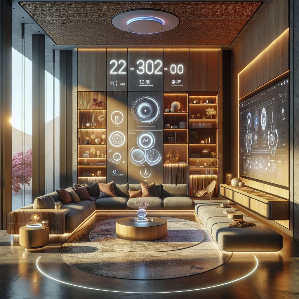 Futuristic cozy living room with AI technology, smart glass panels, adaptive lighting, modular sofa, and holographic interface design.