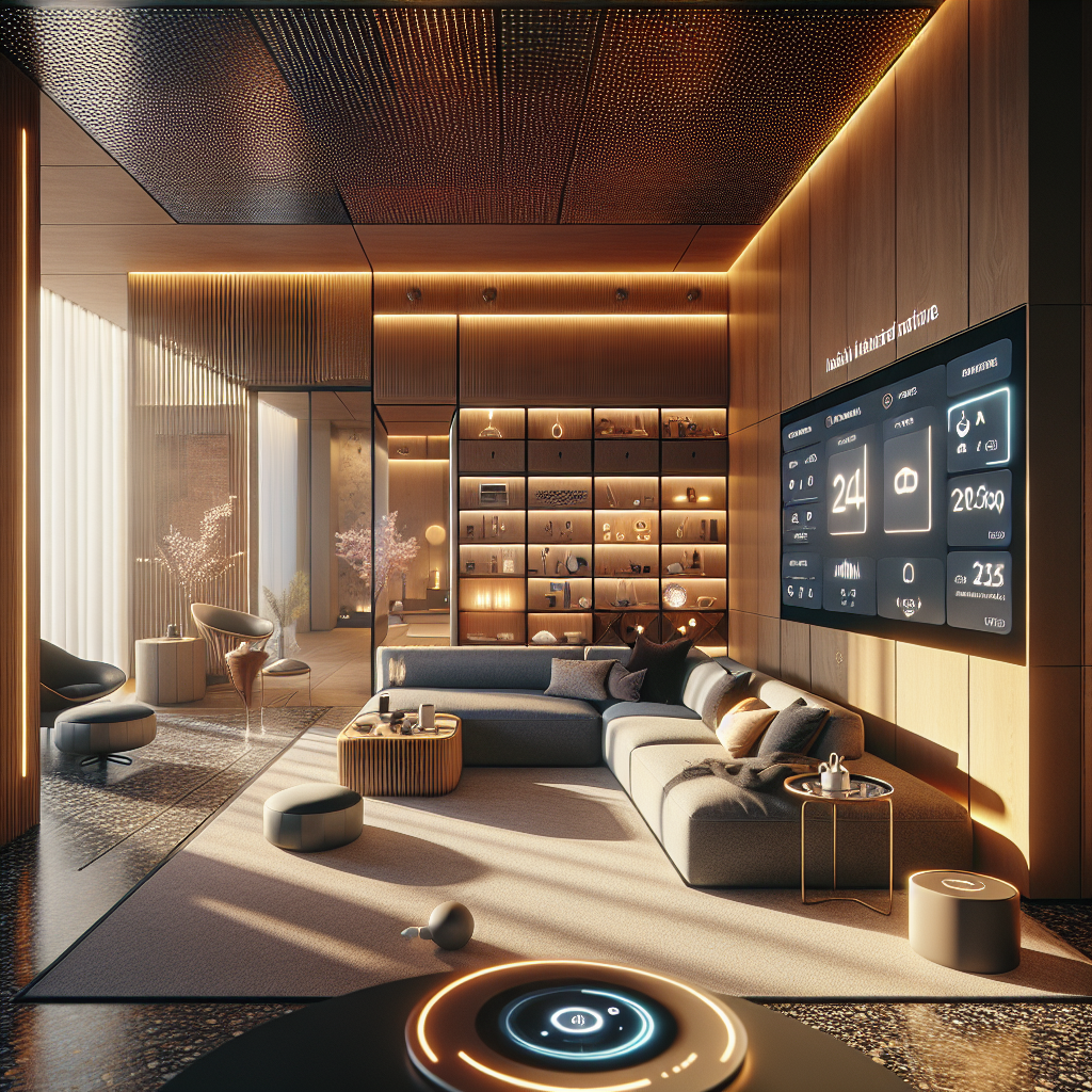 Futuristic cozy living room with AI technology, smart glass panels, adaptive lighting, modular sofa, and holographic interface design.