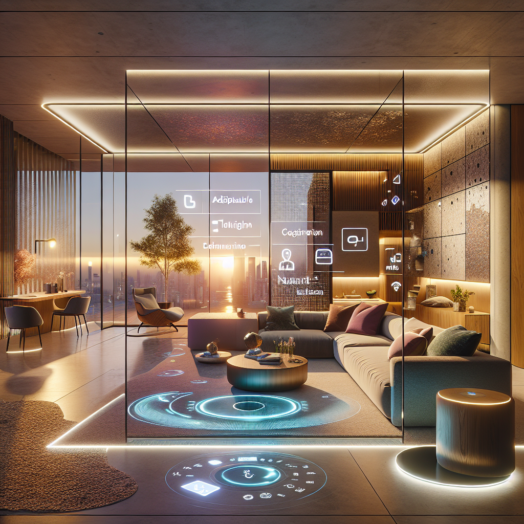 Futuristic cozy living room with AI technology, smart glass panels, adaptive lighting, modular sofa, and holographic interface design.