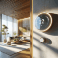 Modern living room with smart thermostat on wall, showcasing eco-friendly design, natural materials, and energy-efficient technology.