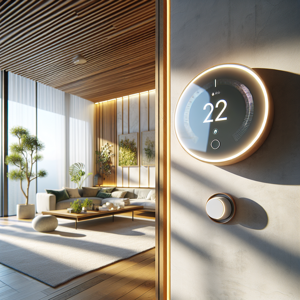 Modern living room with smart thermostat on wall, showcasing eco-friendly design, natural materials, and energy-efficient technology.