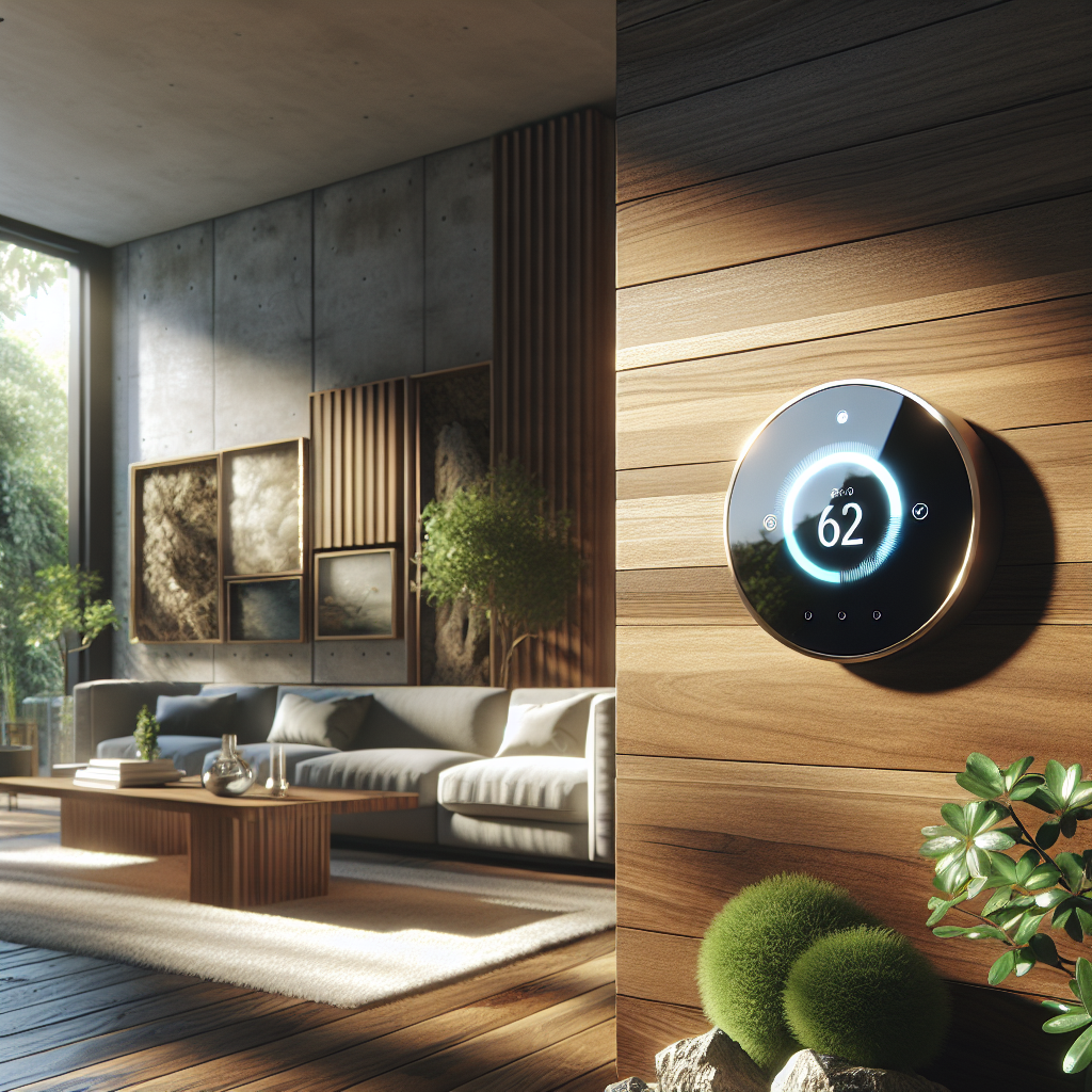 Modern living room with smart thermostat on wall, showcasing eco-friendly design, natural materials, and energy-efficient technology.