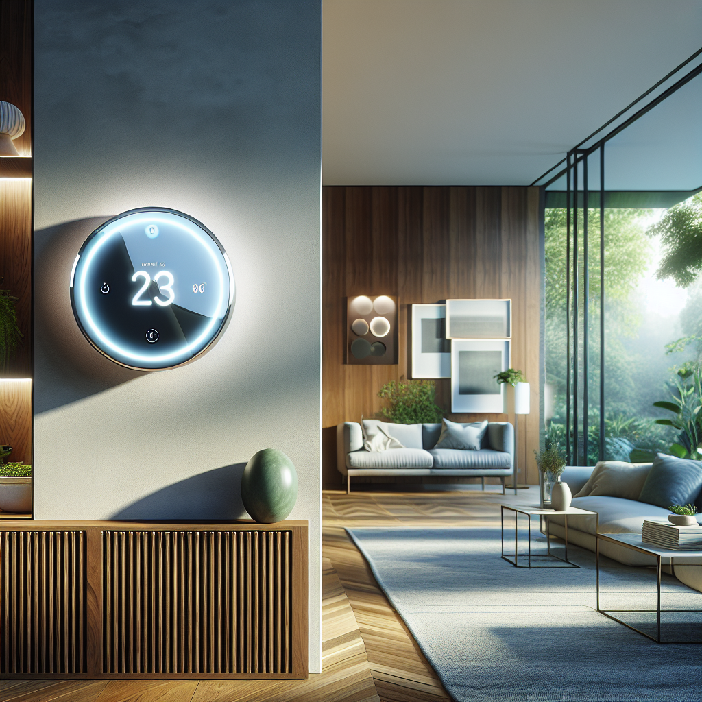 Modern living room with smart thermostat on wall, showcasing eco-friendly design, natural materials, and energy-efficient technology.