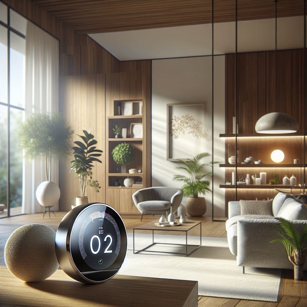 Modern living room with smart thermostat on wall, showcasing eco-friendly design, natural materials, and energy-efficient technology.