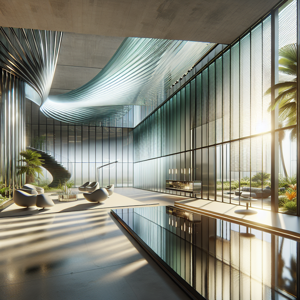 Hyperrealistic modern living space with smart electrochromic glass windows, automated shades, biophilic design, and energy‑efficient elegance.