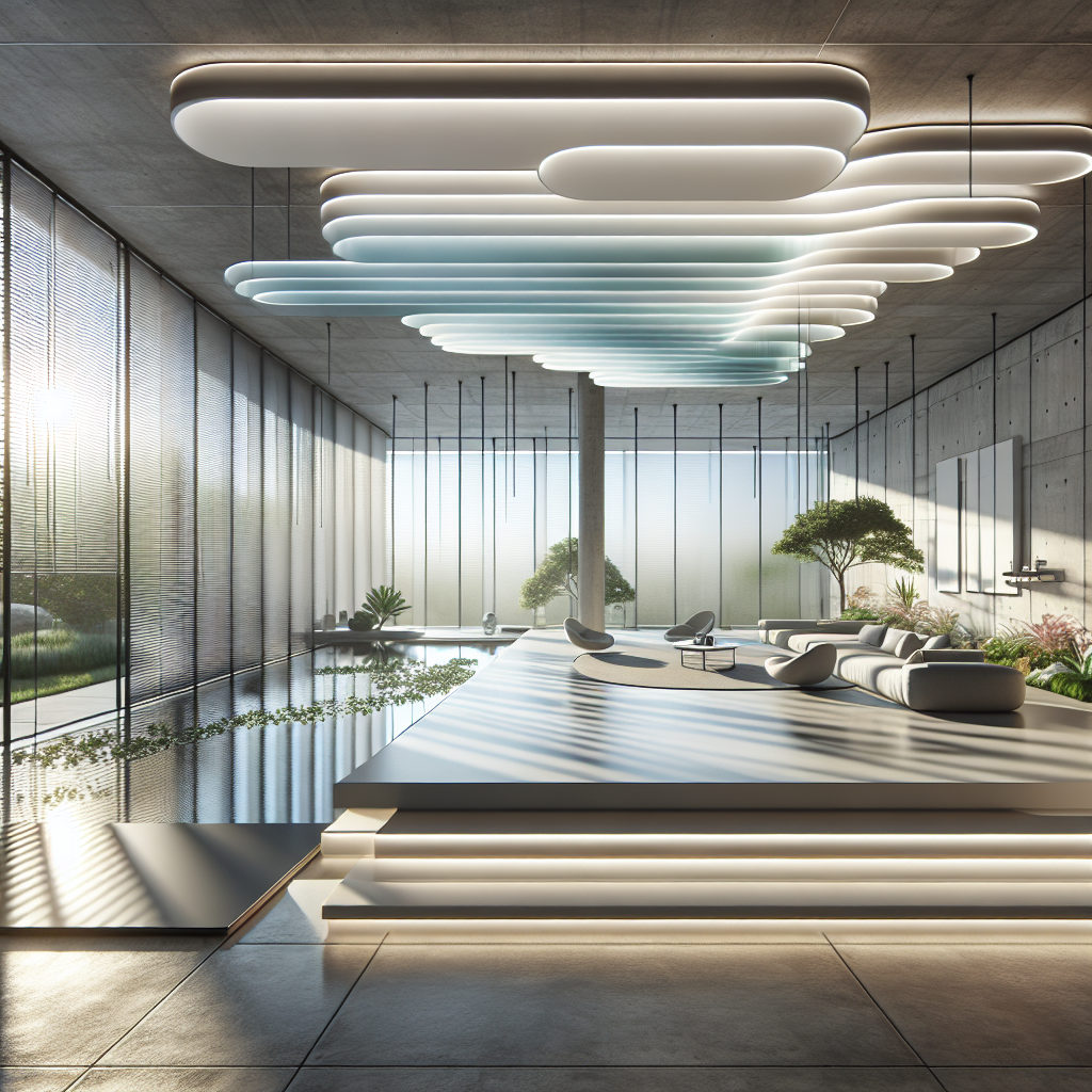 Hyperrealistic modern living space with smart electrochromic glass windows, automated shades, biophilic design, and energy‑efficient elegance.