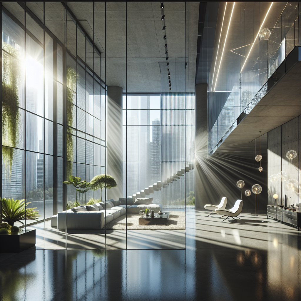 Hyperrealistic modern living space with smart electrochromic glass windows, automated shades, biophilic design, and energy‑efficient elegance.