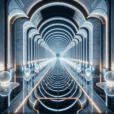 Hyperrealistic futuristic corridor with neon arches, geometric symmetry, reflective marble, glowing spheres, and immersive sound design.