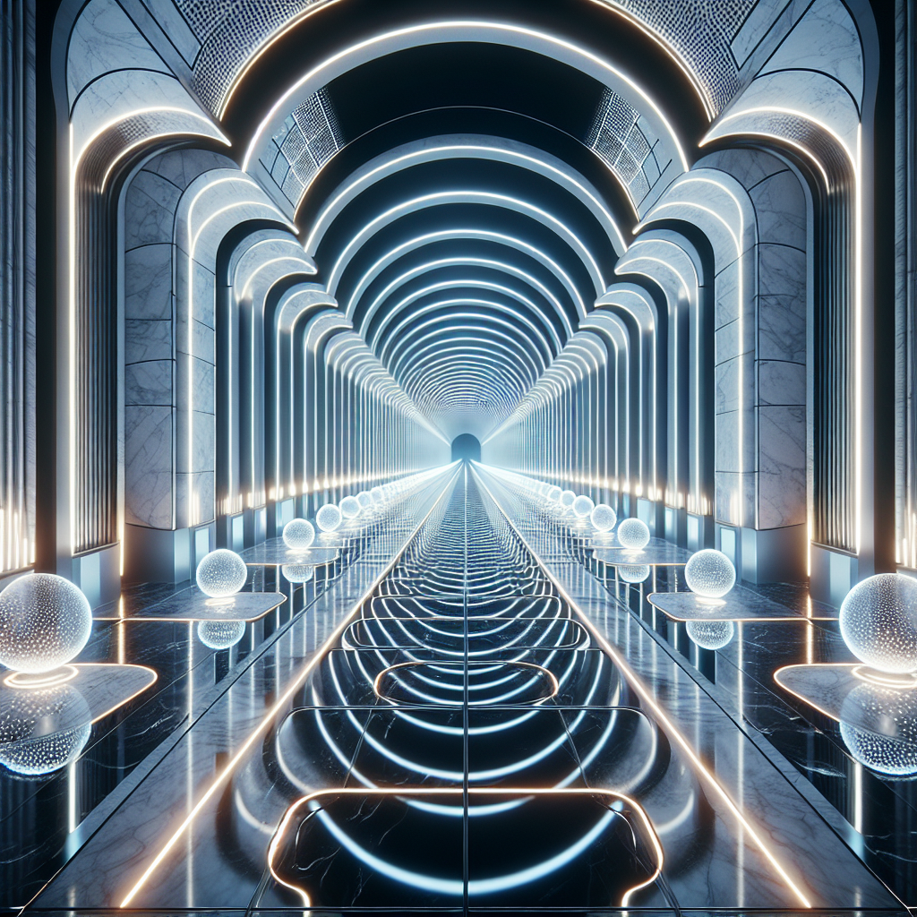 Hyperrealistic futuristic corridor with neon arches, geometric symmetry, reflective marble, glowing spheres, and immersive sound design.