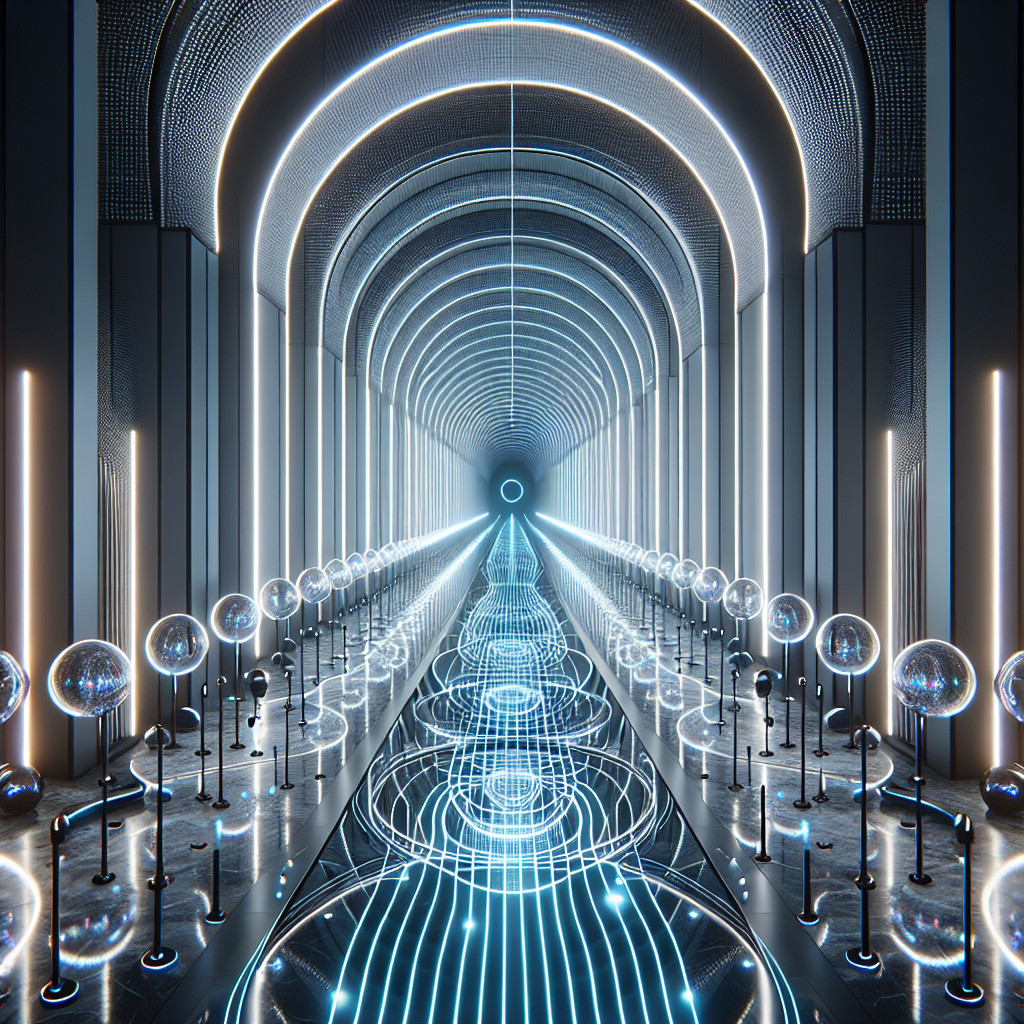 Hyperrealistic futuristic corridor with neon arches, geometric symmetry, reflective marble, glowing spheres, and immersive sound design.