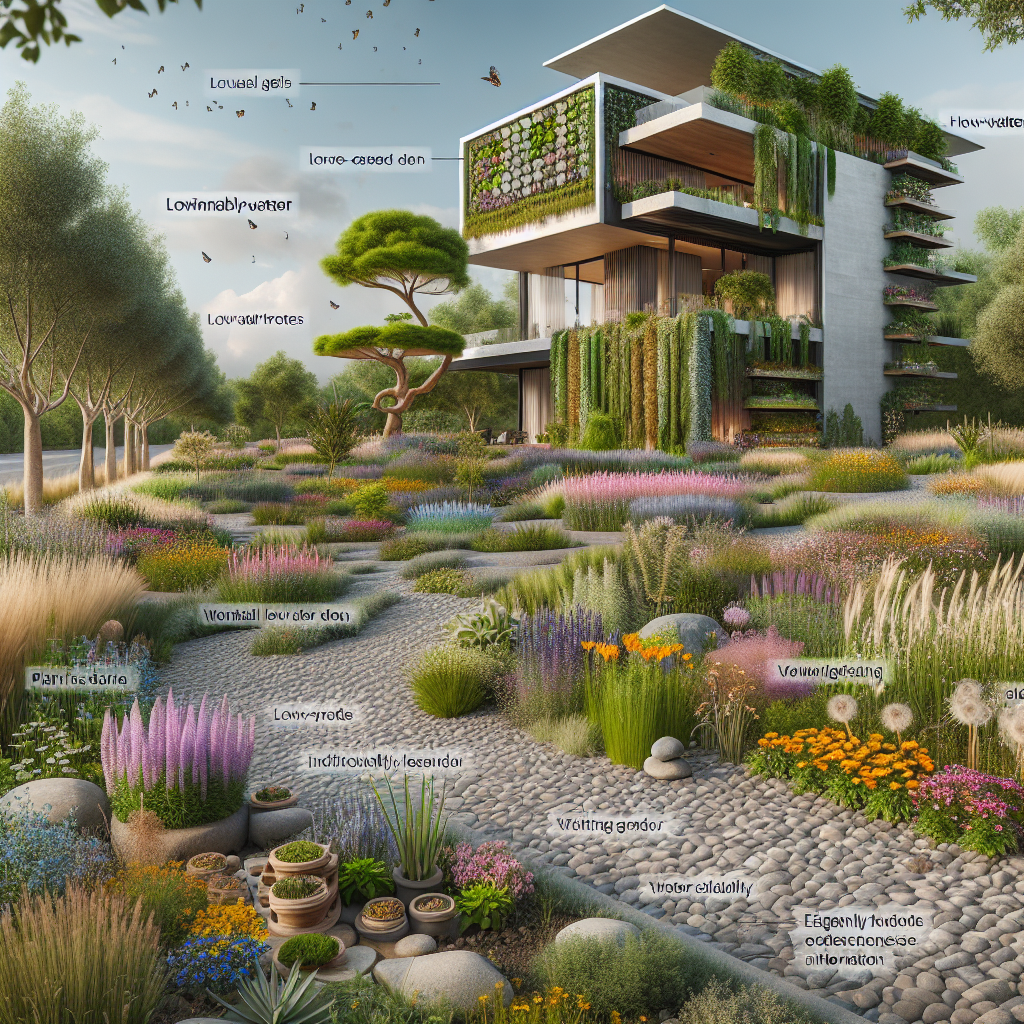 Hyperrealistic modern eco-luxury home with green roof, native terraced gardens, wildflowers, drought-tolerant trees, and sustainable design.
