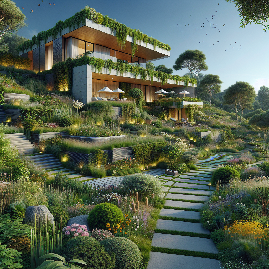 Hyperrealistic modern eco-luxury home with green roof, native terraced gardens, wildflowers, drought-tolerant trees, and sustainable design.