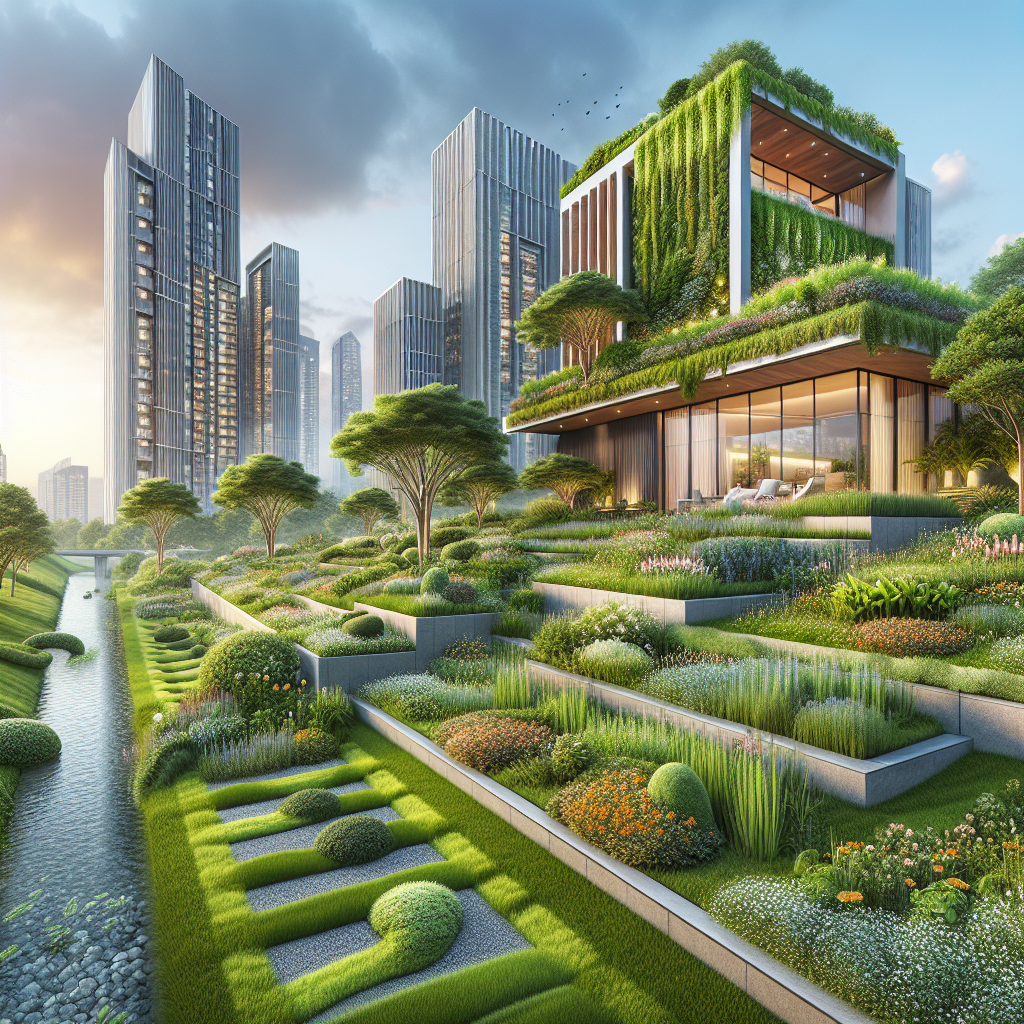 Hyperrealistic modern eco-luxury home with green roof, native terraced gardens, wildflowers, drought-tolerant trees, and sustainable design.