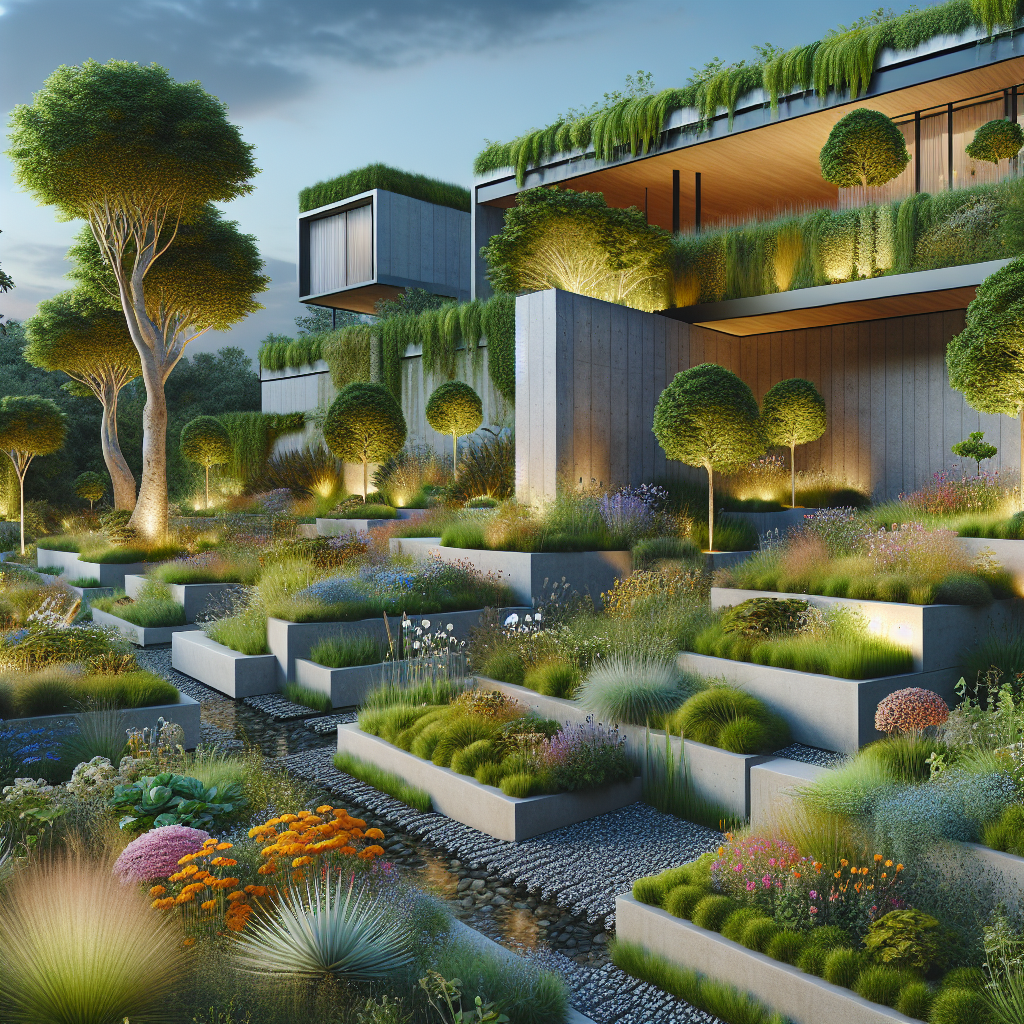 Hyperrealistic modern eco-luxury home with green roof, native terraced gardens, wildflowers, drought-tolerant trees, and sustainable design.