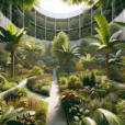 Hyperrealistic syntropic urban garden with banana canopy, cacao trees, flowering shrubs, herbs, and edible lush groundcovers.