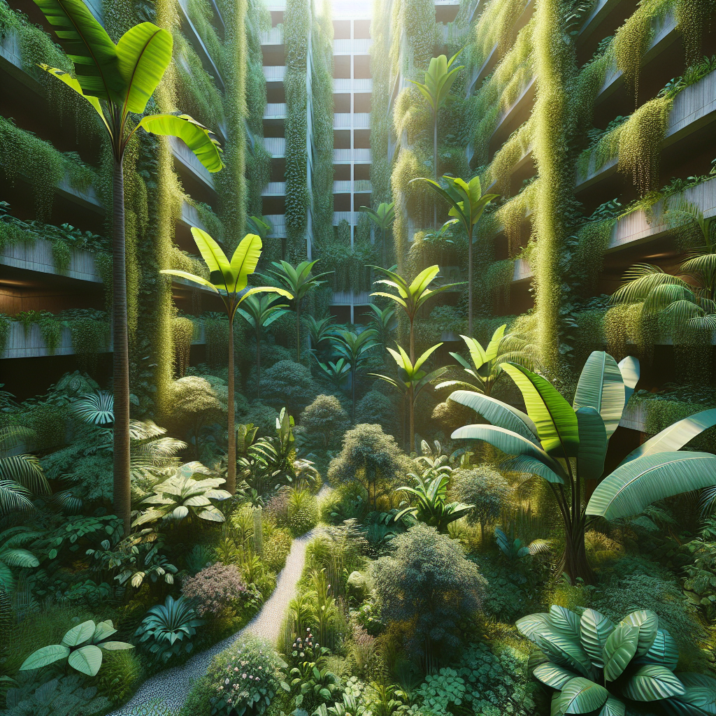 Hyperrealistic syntropic urban garden with banana canopy, cacao trees, flowering shrubs, herbs, and edible lush groundcovers.