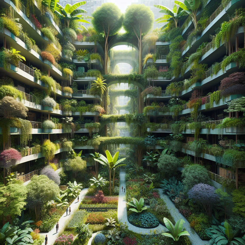 Hyperrealistic syntropic urban garden with banana canopy, cacao trees, flowering shrubs, herbs, and edible lush groundcovers.