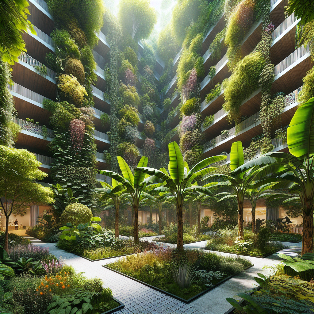 Hyperrealistic syntropic urban garden with banana canopy, cacao trees, flowering shrubs, herbs, and edible lush groundcovers.