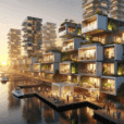 Futuristic American neighborhood with modular timber and 3D-printed homes, solar façades, vertical gardens, and rooftop farms at sunset.