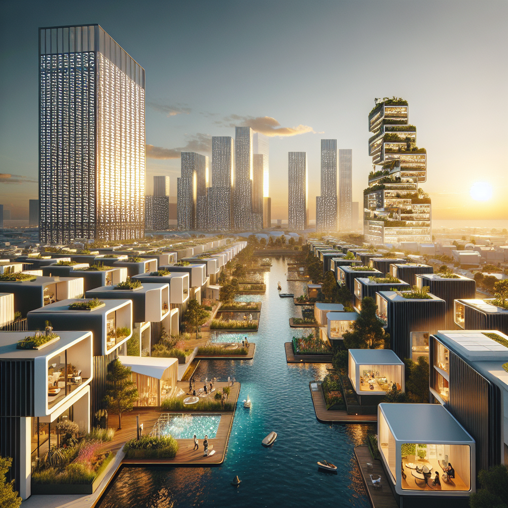 Futuristic American neighborhood with modular timber and 3D-printed homes, solar façades, vertical gardens, and rooftop farms at sunset.