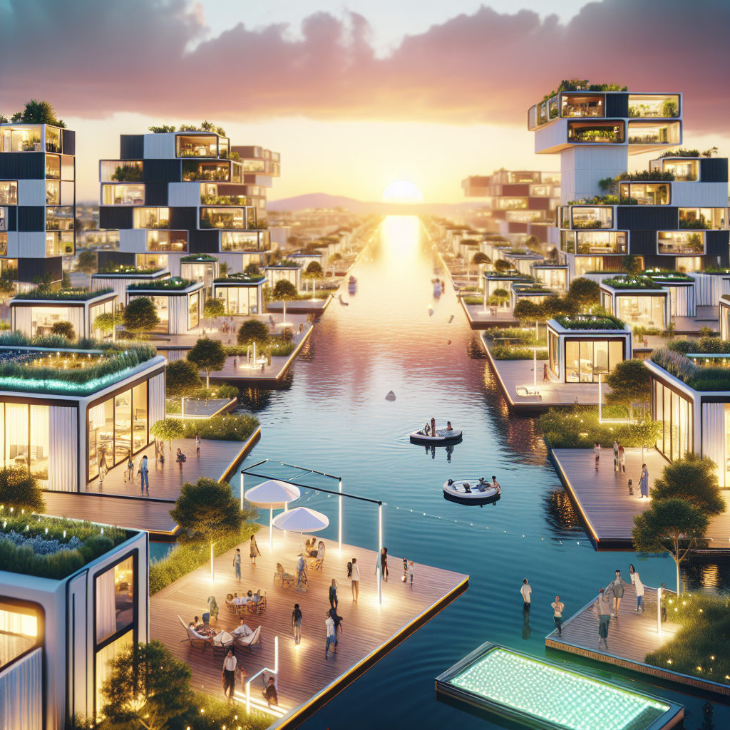 Futuristic American neighborhood with modular timber and 3D-printed homes, solar façades, vertical gardens, and rooftop farms at sunset.