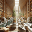 Hyperrealistic healing library with natural light, bookshelves, greenery, water features, therapy rooms, and people reading and meditating.